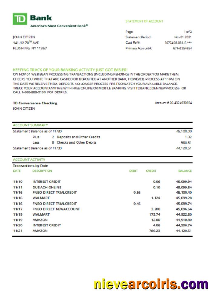 USA TD bank statement in .xls and .pdf file format